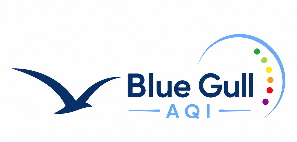 Blue Gull AQI logo: a blue gull above the AQI color scale